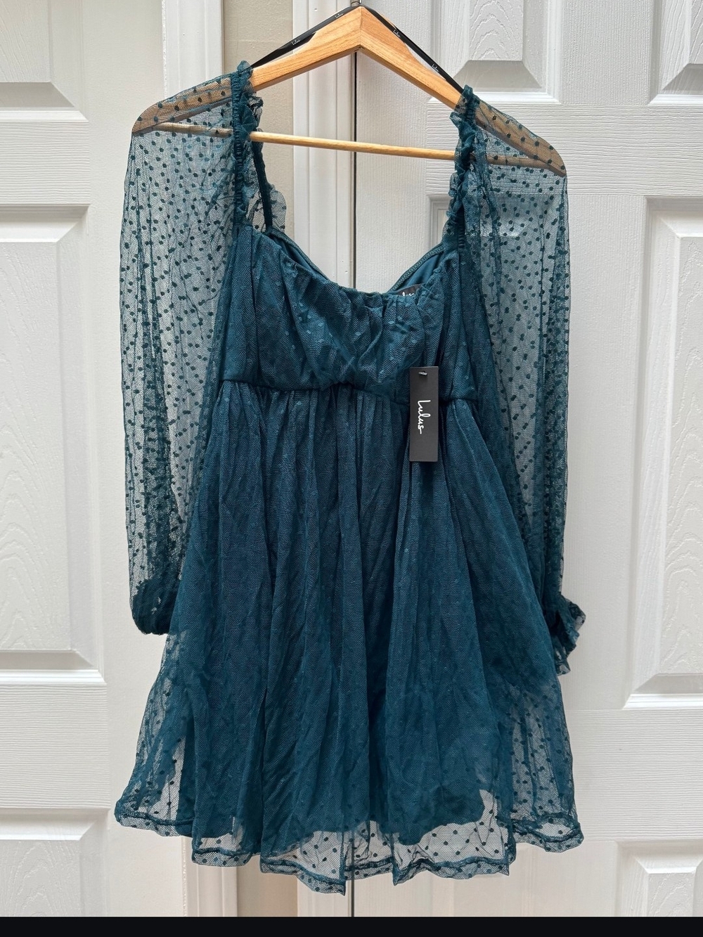 Lulu's Teal Dot Sheer Mini Dress with Balloon Sleeves